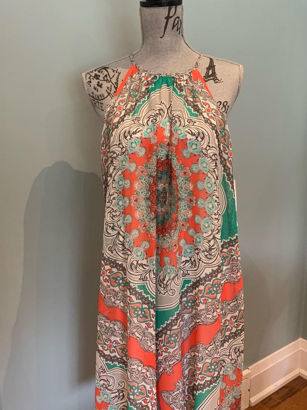 Sleeveless Halter Maxi Dress in Coral, Teal & Cream